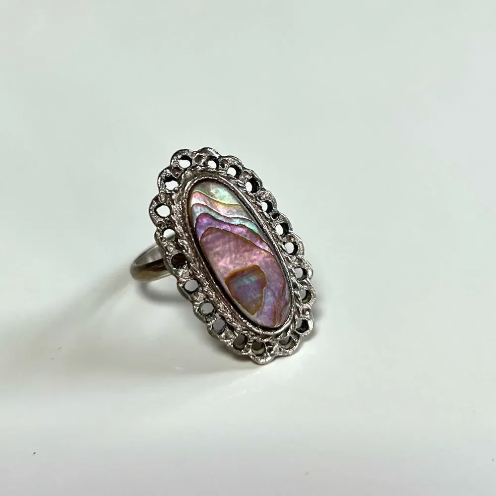 Vintage Silver Mexican Navajo Iridescent Abalone Moonstone Filigree Oval Ring